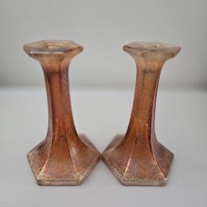 VTG 40s 50s Jeanette Glass Marigold Carnival Crackle Tall Fluted Candlesticks X2